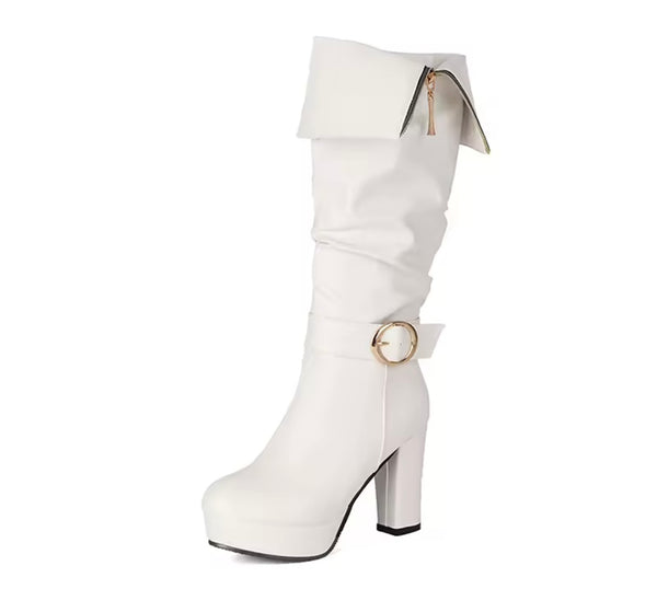 Women Round Toe Zip Up Buckle Platform High Heel Boots