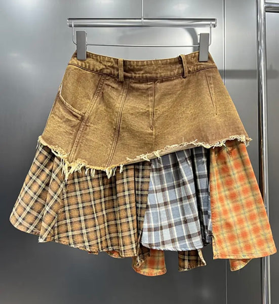 Women Fashion Plaid Pleated Denim Skirt