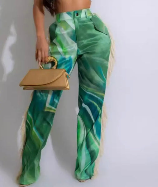 Women Fashion Printed Tassel Wide Leg Pants