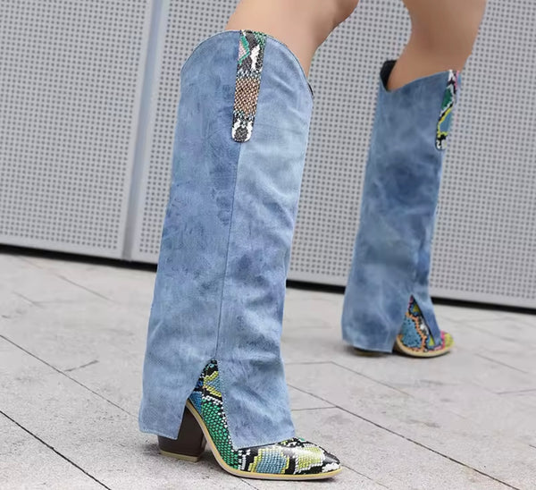Women Fashion Color Animal Print Denim Knee High Western Boots