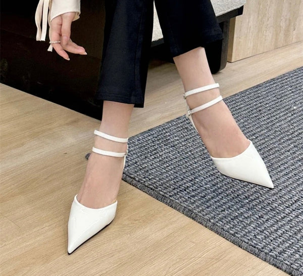 Women Pointed Toe Patent Leather Platform Ankle Strap Heels