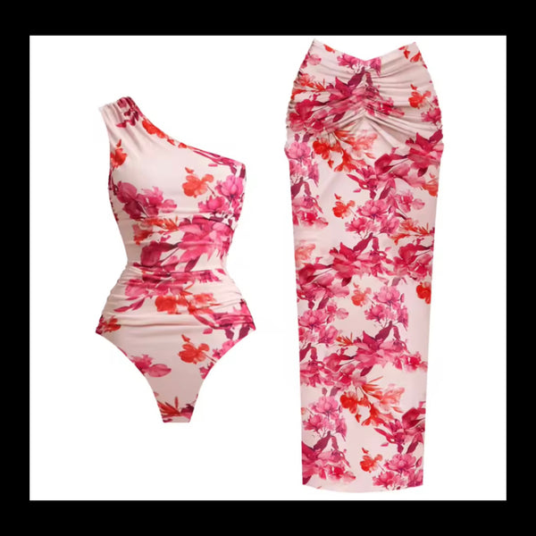 Women Sexy Pink Floral One Shoulder Swimsuit Cover Up Set