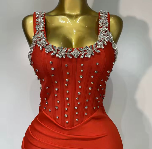 Women Red Rhinestone Sexy Sleeveless Maxi Dress
