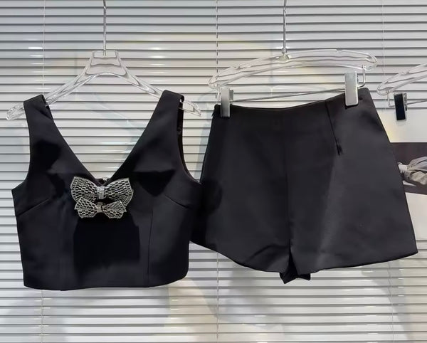 Women Sexy Sleeveless Bling Bow Two Piece Short Set