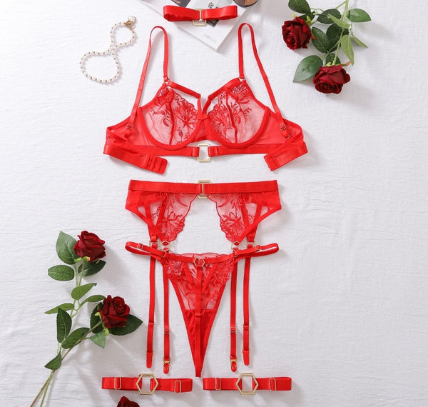 Women Sexy Red Gold Metal Lace Lingerie Set