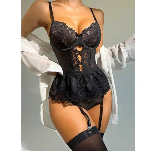 Women Sexy Sleeveless Lace Bodysuit Lingerie Set