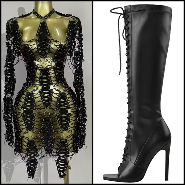 Women Black PU Lace Up Metal Open Back Full Sleeve Dress