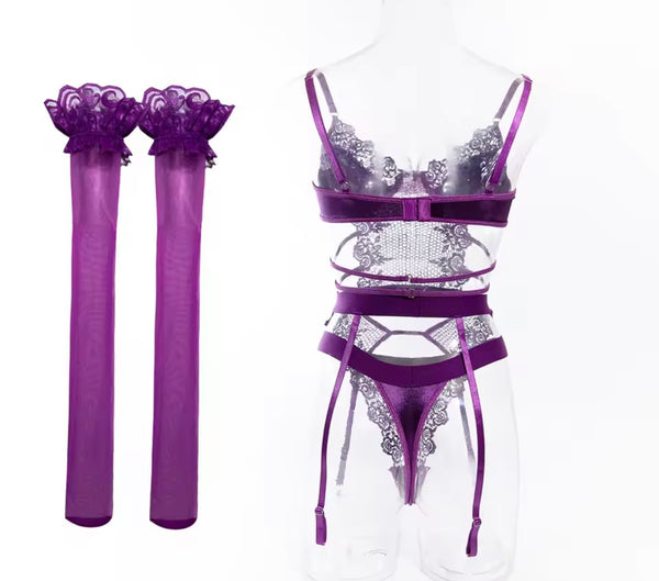 Women Sexy Purple Mesh G-String Lingerie Set