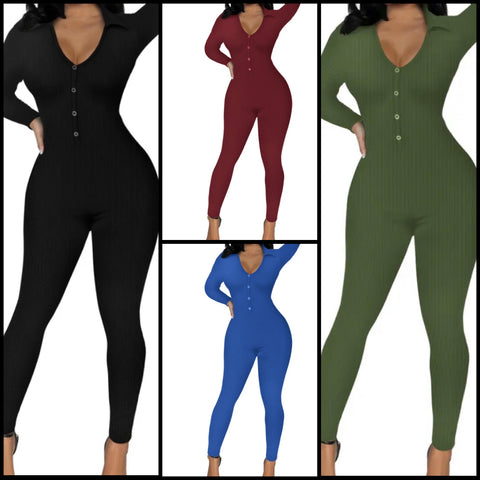 Women Solid Color Button Up Fashion Full Sleeve Jumpsuit
