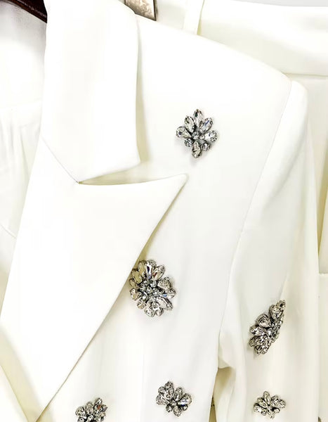 Women Fashion White Crystal Button Up Blazer Two Piece Pant Set