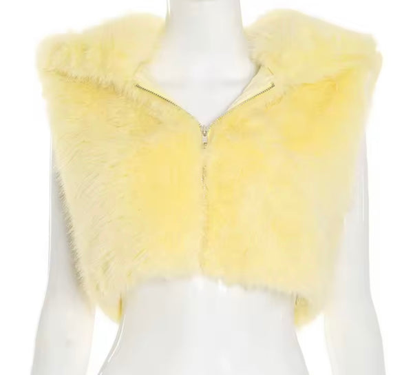 Women Zip Up Hooded Sleeveless Fashion Faux Fur Crop Vest Jacket