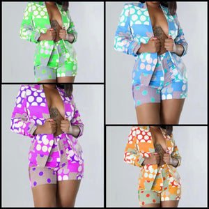 Women Colorful Print Full Sleeve Fashion Blazer Two Piece Short Set