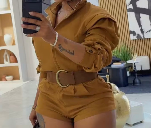 Women Fashion Brown Collar Full Sleeve Romper
