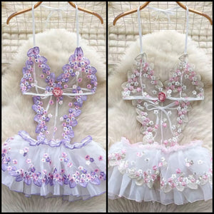 Women White Floral Print Sexy Mesh Lingerie Set