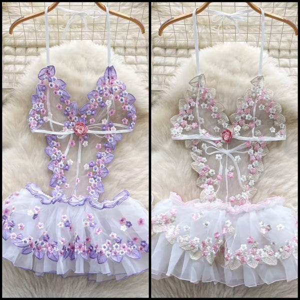 Women White Floral Print Sexy Mesh Lingerie Set
