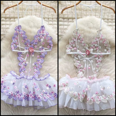 Women White Floral Print Sexy Mesh Lingerie Set