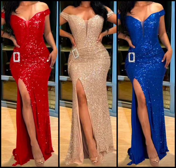 Women Sexy Sequins Off The Shoulder Sleeveless Maxi Dress