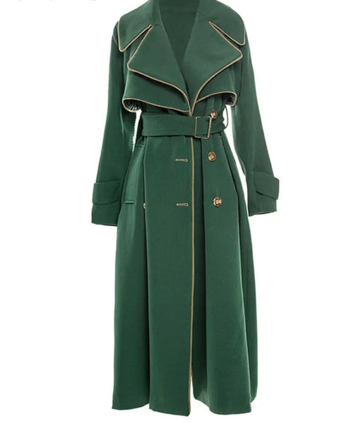 Women Green Button Up Fashion Trench Jacket