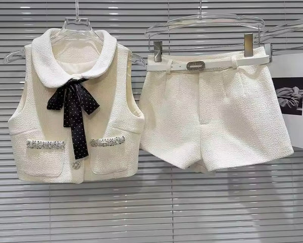 Women Collar Bow Beaded Button Up Sleeveless Two Piece Short Set