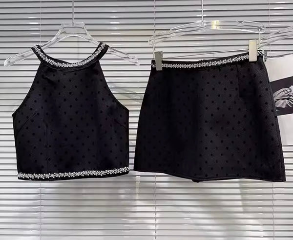 Women Sexy Rhinestone Halter Sleeveless Polka Dot Two Piece Skirt Set