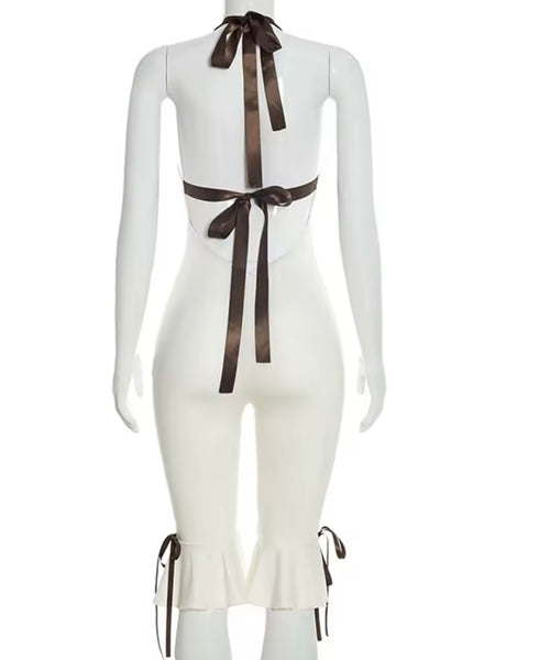 Women Sexy White Halter Sleeveless Ruffled Romper