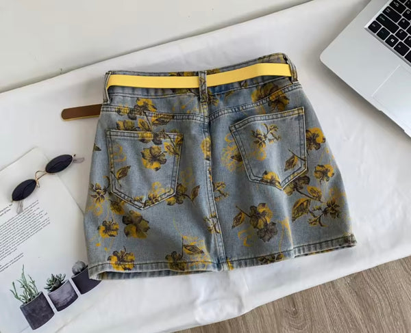 Women Fashion Yellow Floral Denim Skirt