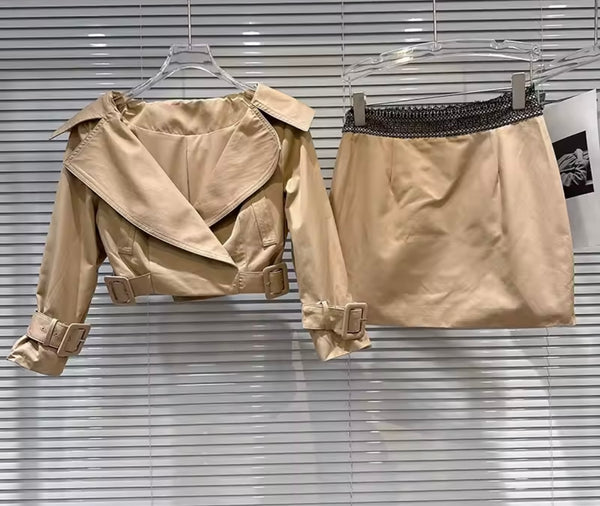 Women Fashion Khaki Buckle Full Sleeve Two Piece Skirt Set