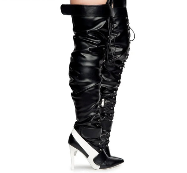 Women Fashion Faux Leather Lace Up Over The Knee Boots