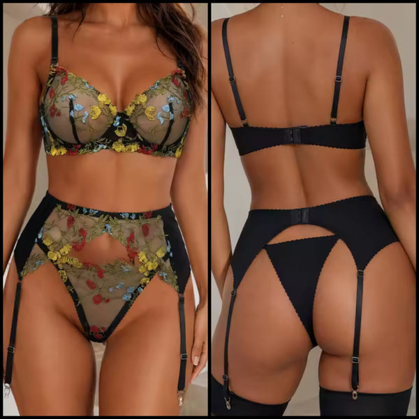 Women Sexy Black Colorful Floral Mesh Lingerie Set