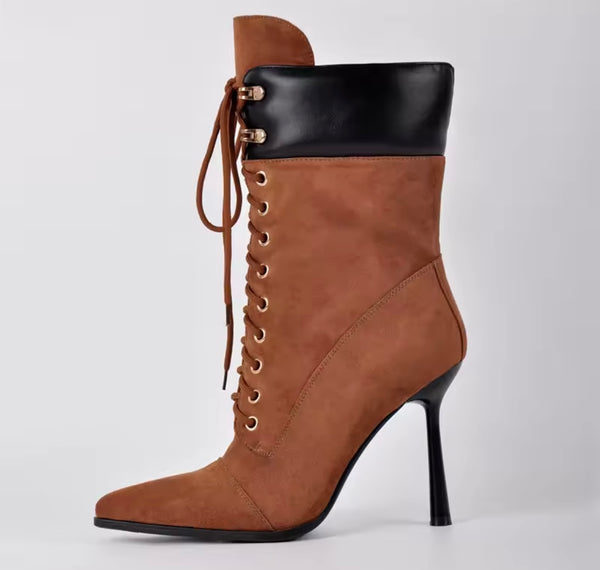 Women Fashion Color Pointed Toe Lace Up High Heel Ankle Boots