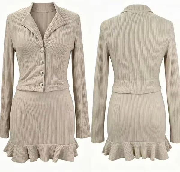 Women Ribbed Button Up Full Sleeve Two Piece Ruffle Skirt Set
