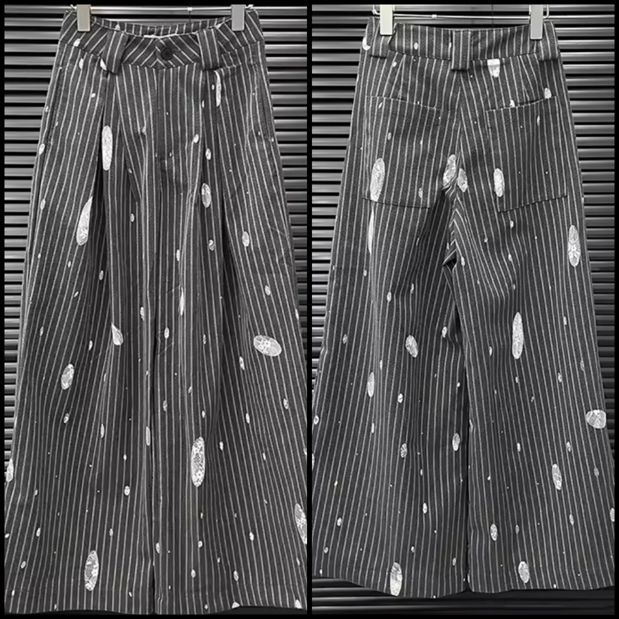 Women Gray Pinstriped Lace Patchwork Fashion Pants
