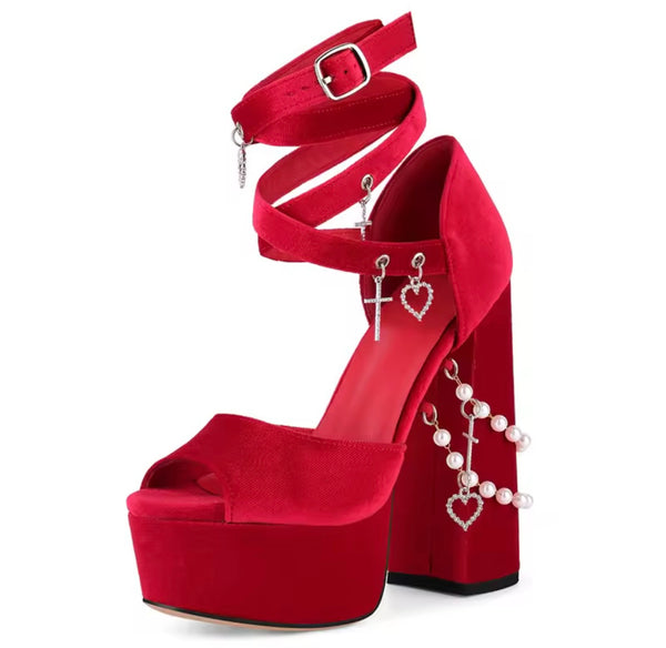 Women Pendant Beaded Velour Platform High Heel Sandals