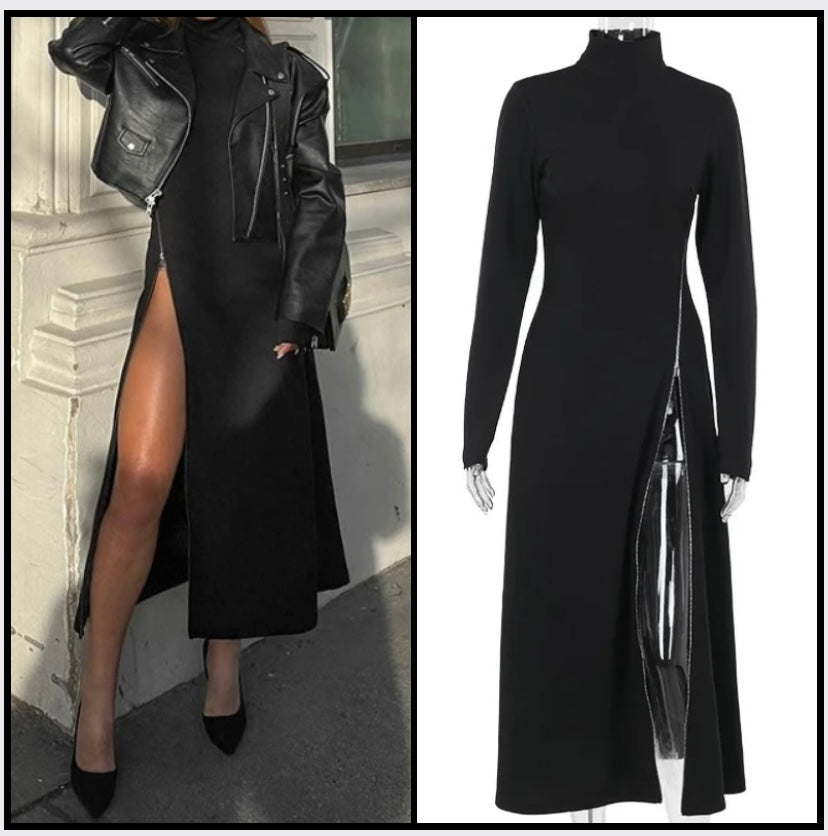 Women Sexy Black Side Zipper Full Sleeve Maxi Dress