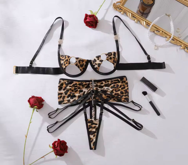 Women Sexy Cut Out Leopard Print G-String Lingerie Set