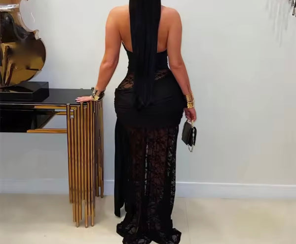 Women Sexy Halter Sleeveless Lace Side Split Maxi Dress