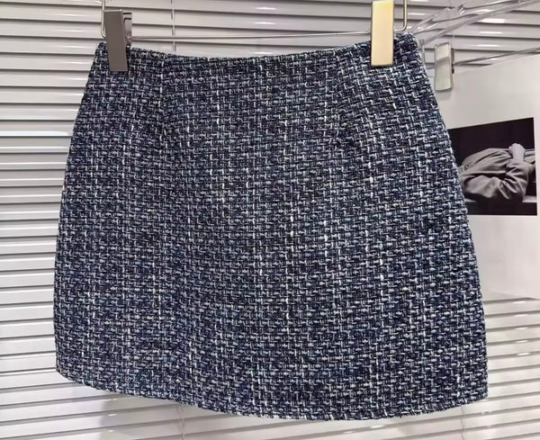 Women Sexy Fashion Blue Tweed Blazer Two Piece Skirt Set