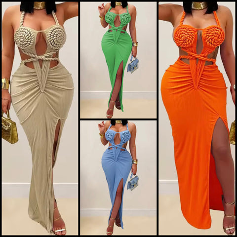 Women Halter Sleeveless Open Back Color Sexy Maxi Dress