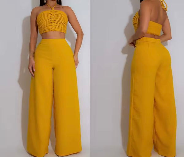 Women Halter Sleeveless Ruched Fashion Two Piece Pant Set