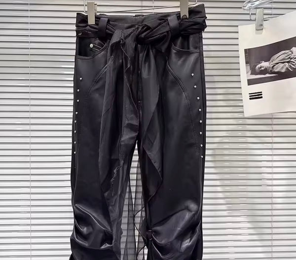 Women Fashion Rivet Faux Leather Ruched Pants