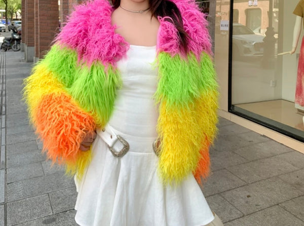 Women Fashion Multicolored Faux Fur Jacket