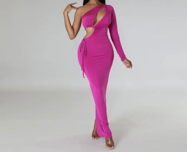 Women Sexy Solid Color One Shoulder Full Sleeve Maxi Dress