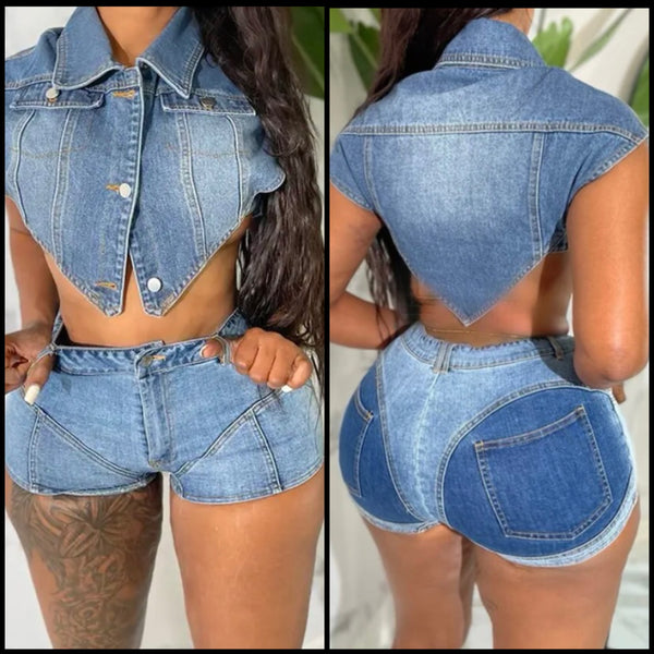 Women Sexy Fashion Denim Two Piece Short Set