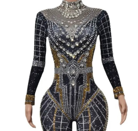 Women Fashion Bling Rhinestone Patchwork Full Sleeve Jumpsuit