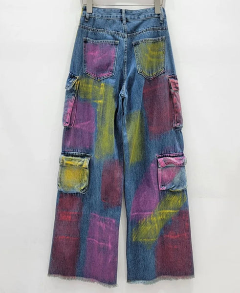 Women Fashion Color Patchwork Cargo Denim Wide Leg Pants