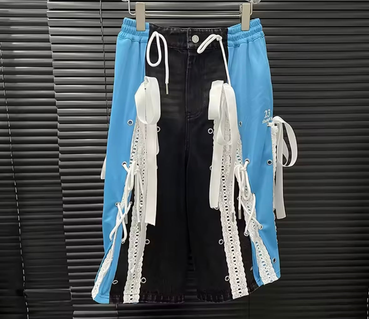 Women Fashion Color Patchwork Lace Tie Up Denim Capri Pants