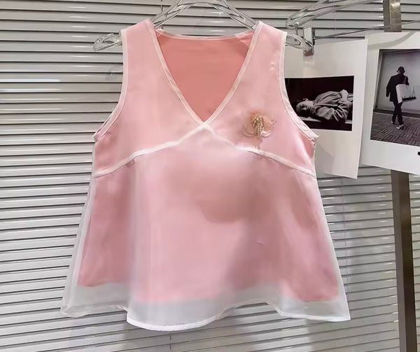 Women Sexy Sleeveless Pink 3D Floral Two Piece Skirt Set