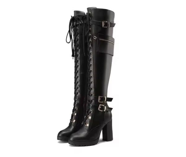 Women Fashion Pocket Buckled Lace Up Platform Knee High Boots