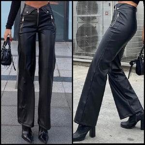 Women Zipper Black Fashion Faux Leather Pants