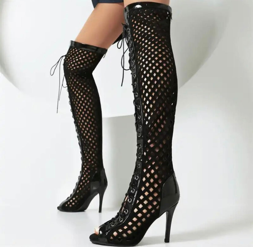 Women Fashion Open Toe Lace Up Hollow Out Knee High Boots